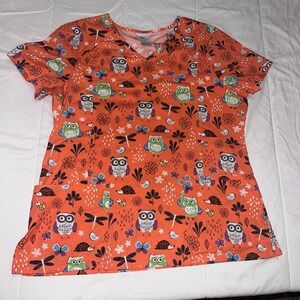 Scrubstar Scrub Top Medical Uniform Large Owls Butterflies Orange
